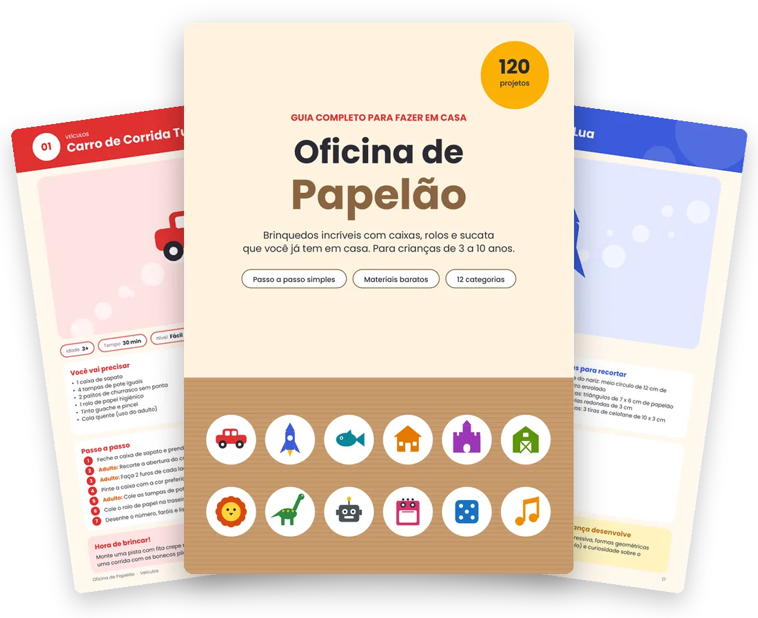 Capa do guia Oficina de Papelão com duas páginas de projeto atrás