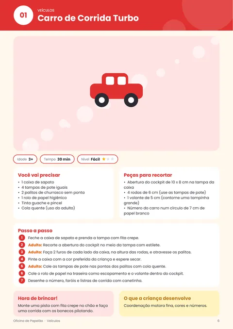 Página do projeto 01: Carro de Corrida Turbo, com materiais, peças e passo a passo